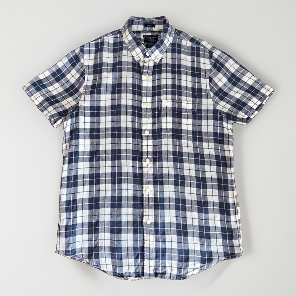 Abercrombie & Fitch 100% Linen Plaid Button Down Short Sleeve Muscle Shirt Sz: M